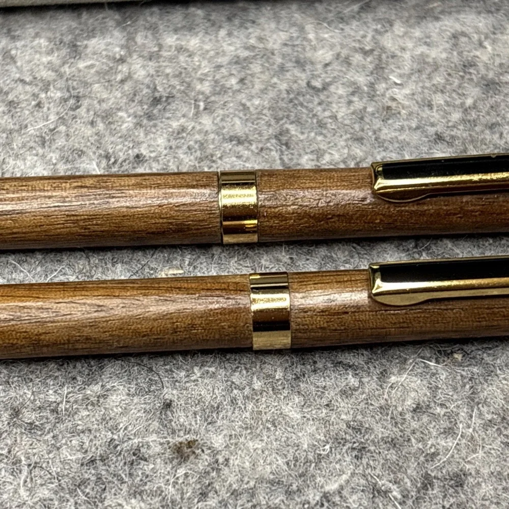 Vintage Wood Pen & Mechancal Pencil Set Gold Tone Trim Presentation Box